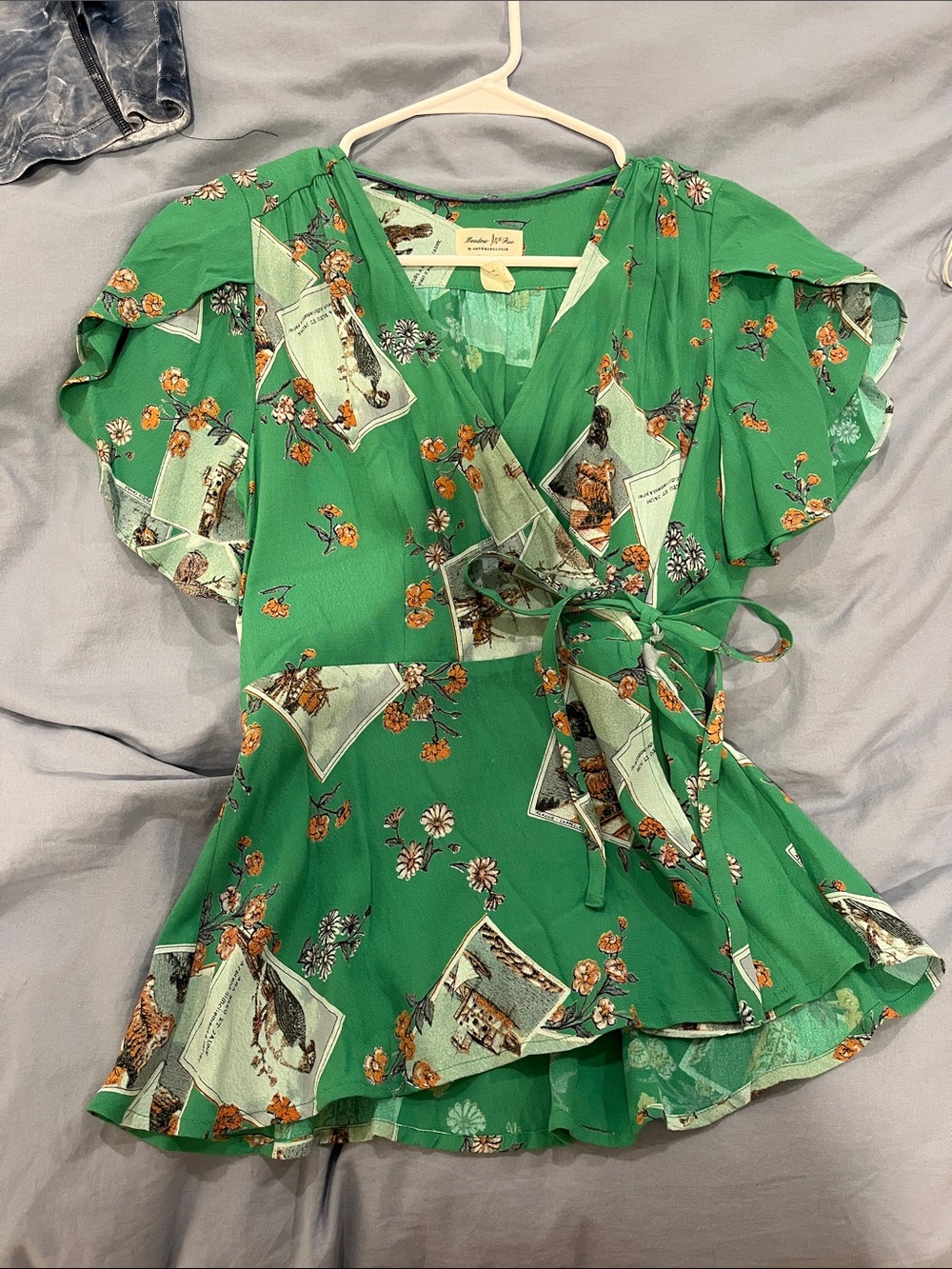 Anthropologie Emerald Green Floral Wrap Blouse with Postcard Motif